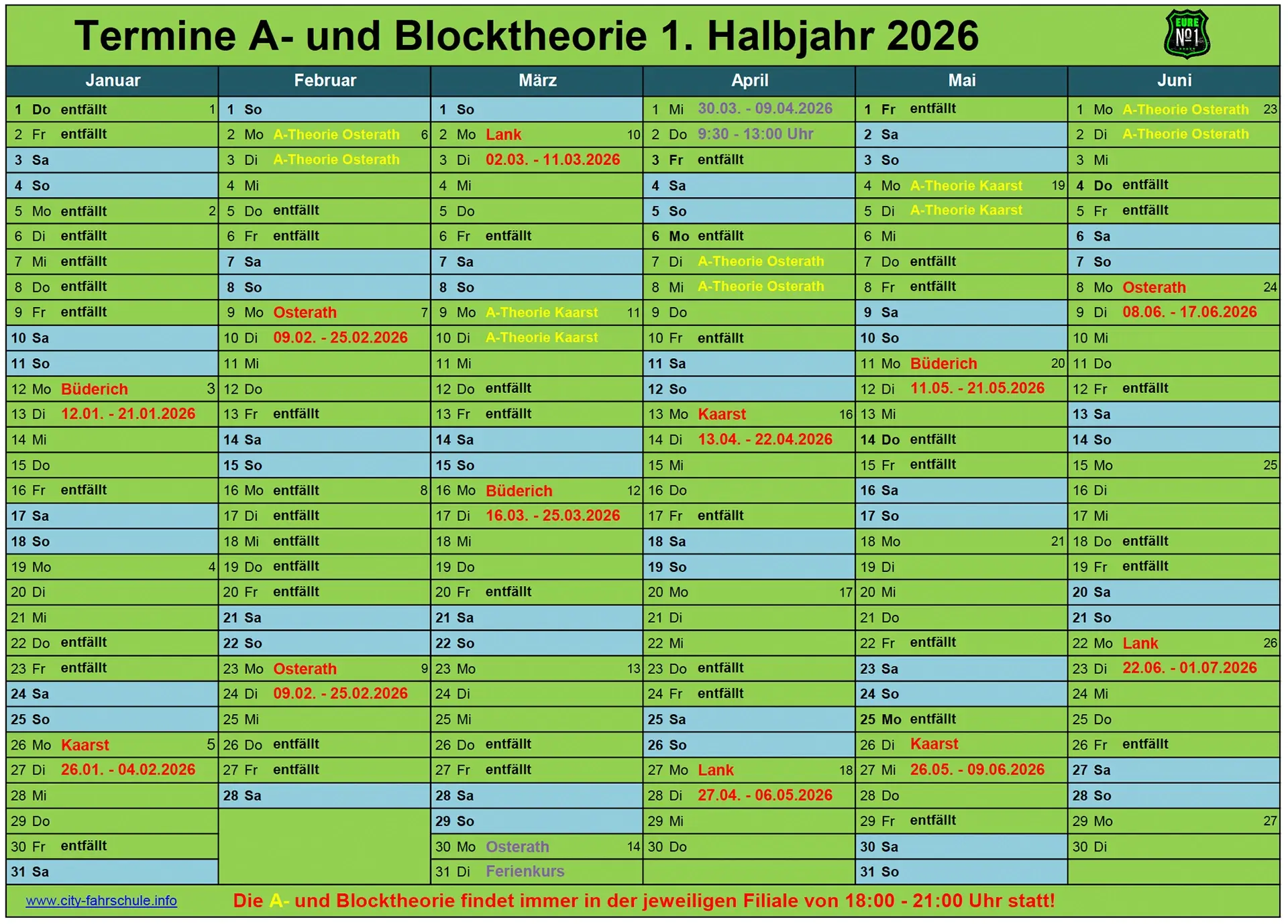 Blockunterricht 1. Halbjahr 2026