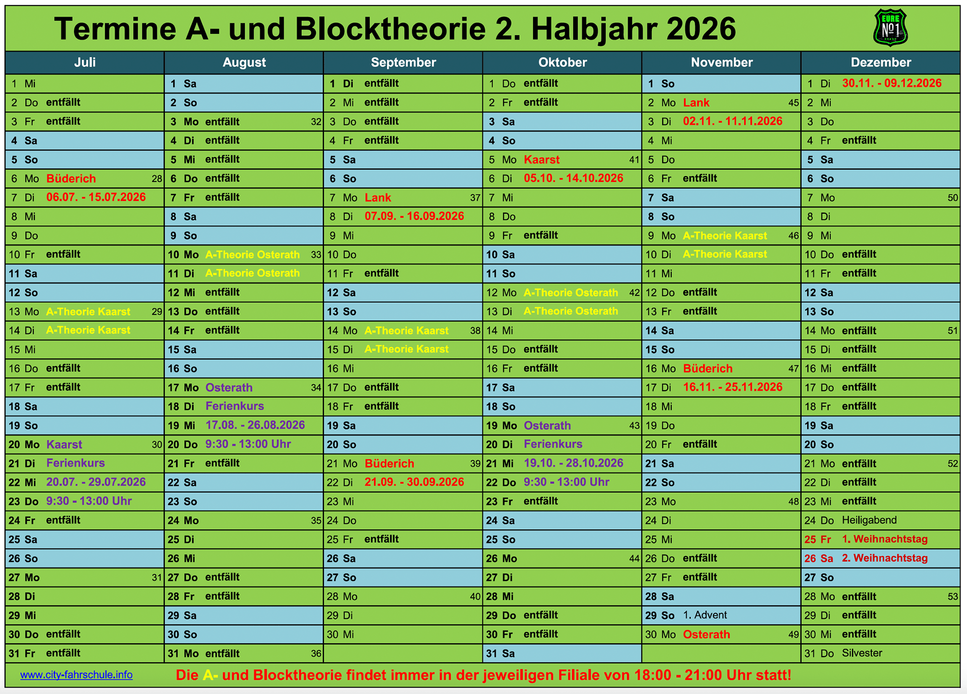 Terminplan Blocktheorie 2. Halbjahr 2026
